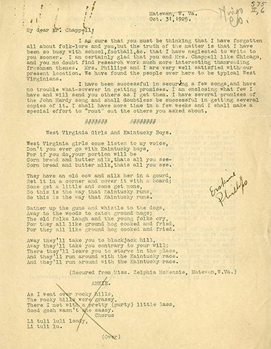 This 1925 letter to Chappell is from the border town of Matewan, Mingo County, West Virginia and contains the tune, “West Virginia Girls and Kaintucky Boys.”