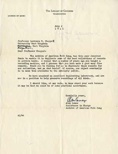 This 1941 letter from Alan Lomax details interest from the Library of Congress in Chappell’s recordings.